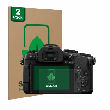 Vorderseite einer Produktverpackung mit dem Markenlogo ScreenLeaf. Daneben ist das Gerät Panasonic Lumix DMC-G81 mit dem zugeh