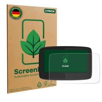 Vorderseite einer Produktverpackung mit dem Markenlogo ScreenLeaf. Daneben ist das Gerät TomTom GO 620 mit dem zugehörigen Dis