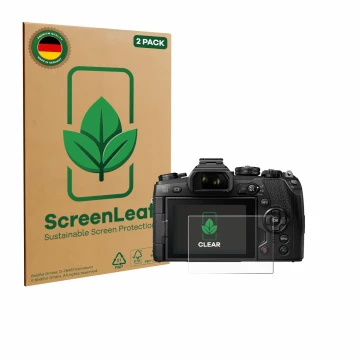 Vorderseite einer Produktverpackung mit dem Markenlogo ScreenLeaf. Daneben ist das Gerät Olympus OM-D E-M1 Mark II mit dem zug