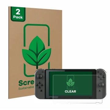 Vorderseite einer Produktverpackung mit dem Markenlogo ScreenLeaf. Daneben ist das Gerät Nintendo Switch mit dem zugehörigen D