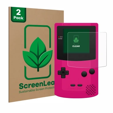 Vorderseite einer Produktverpackung mit dem Markenlogo ScreenLeaf. Daneben ist das Gerät Nintendo Gameboy Color mit dem zugehö