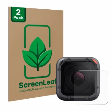 Vorderseite einer Produktverpackung mit dem Markenlogo ScreenLeaf. Daneben ist das Gerät GoPro Hero 5 Session Linse (Gehäuse) 