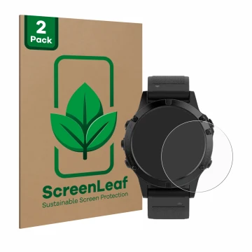 Vorderseite einer Produktverpackung mit dem Markenlogo ScreenLeaf. Daneben ist das Gerät Garmin Fenix 5 (47 mm) mit dem zugehö