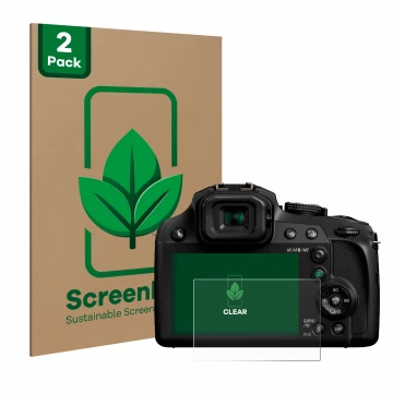 Vorderseite einer Produktverpackung mit dem Markenlogo ScreenLeaf. Daneben ist das Gerät Panasonic Lumix DC-FZ82 mit dem zugeh
