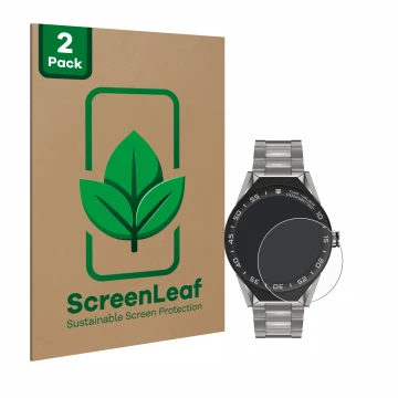 Vorderseite einer Produktverpackung mit dem Markenlogo ScreenLeaf. Daneben ist das Gerät TAG Heuer Connected Modular 45 mit de