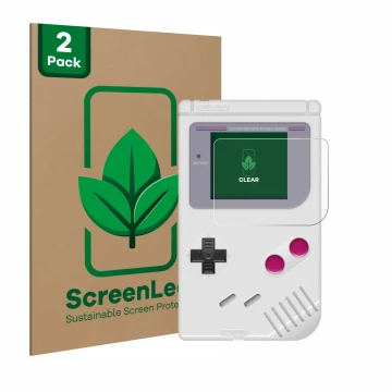 Vorderseite einer Produktverpackung mit dem Markenlogo ScreenLeaf. Daneben ist das Gerät Nintendo Gameboy (1989) mit dem zugeh