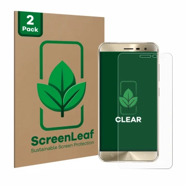 Vorderseite einer Produktverpackung mit dem Markenlogo ScreenLeaf. Daneben ist das Gerät ASUS ZenFone 3 ZE552KL mit dem zugehö