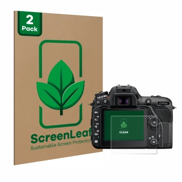 Vorderseite einer Produktverpackung mit dem Markenlogo ScreenLeaf. Daneben ist das Gerät Nikon D7500 mit dem zugehörigen Displ