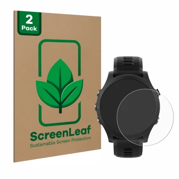Vorderseite einer Produktverpackung mit dem Markenlogo ScreenLeaf. Daneben ist das Gerät Garmin Forerunner 935 mit dem zugehör