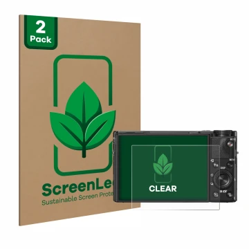 Vorderseite einer Produktverpackung mit dem Markenlogo ScreenLeaf. Daneben ist das Gerät Sony Cyber-Shot DSC-RX100 V mit dem z