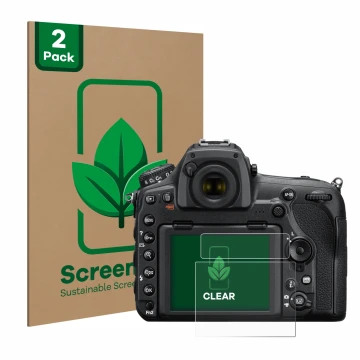 Vorderseite einer Produktverpackung mit dem Markenlogo ScreenLeaf. Daneben ist das Gerät Nikon D850 mit dem zugehörigen Displa
