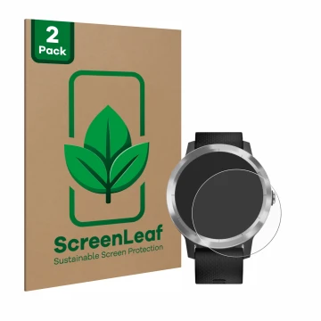 Vorderseite einer Produktverpackung mit dem Markenlogo ScreenLeaf. Daneben ist das Gerät Garmin vivoactive 3 mit dem zugehörig