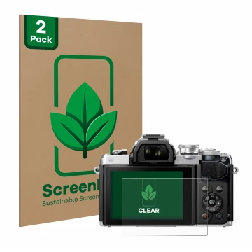 Vorderseite einer Produktverpackung mit dem Markenlogo ScreenLeaf. Daneben ist das Gerät Olympus OM-D E-M10 Mark III mit dem z