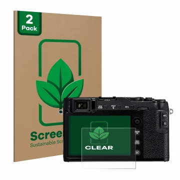 Vorderseite einer Produktverpackung mit dem Markenlogo ScreenLeaf. Daneben ist das Gerät Fujifilm X-E3 mit dem zugehörigen Dis