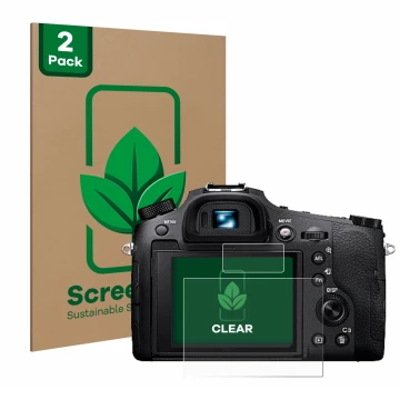 Vorderseite einer Produktverpackung mit dem Markenlogo ScreenLeaf. Daneben ist das Gerät Sony Cyber-Shot DSC-RX10 IV mit dem z