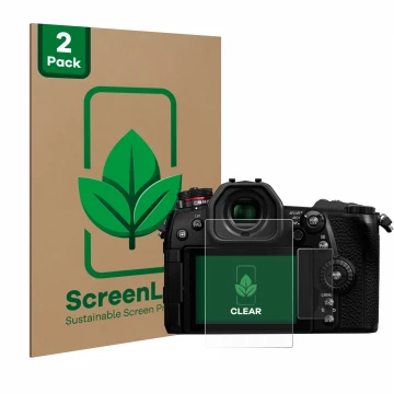 Vorderseite einer Produktverpackung mit dem Markenlogo ScreenLeaf. Daneben ist das Gerät Panasonic Lumix DC-G9 mit dem zugehör