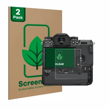 Vorderseite einer Produktverpackung mit dem Markenlogo ScreenLeaf. Daneben ist das Gerät Fujifilm X-H1 mit dem zugehörigen Dis