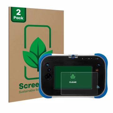 Vorderseite einer Produktverpackung mit dem Markenlogo ScreenLeaf. Daneben ist das Gerät Vtech Storio Max 2.0 mit dem zugehöri