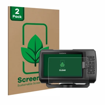 Vorderseite einer Produktverpackung mit dem Markenlogo ScreenLeaf. Daneben ist das Gerät Garmin Striker Plus 5cv mit dem zugeh