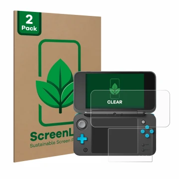 Vorderseite einer Produktverpackung mit dem Markenlogo ScreenLeaf. Daneben ist das Gerät New Nintendo 2DS XL mit dem zugehörig