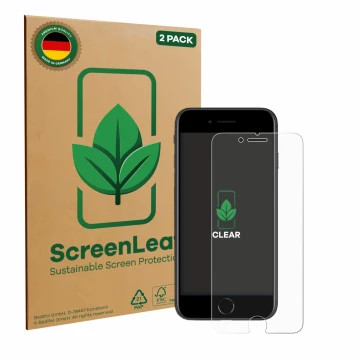 Vorderseite einer Produktverpackung mit dem Markenlogo ScreenLeaf. Daneben ist das Gerät Apple iPhone SE 2 2020 mit dem zugehö
