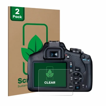 Vorderseite einer Produktverpackung mit dem Markenlogo ScreenLeaf. Daneben ist das Gerät Canon EOS 2000D mit dem zugehörigen D