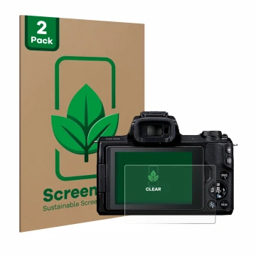 Vorderseite einer Produktverpackung mit dem Markenlogo ScreenLeaf. Daneben ist das Gerät Canon EOS M50 mit dem zugehörigen Dis