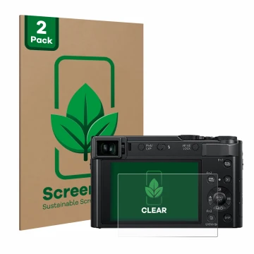 Vorderseite einer Produktverpackung mit dem Markenlogo ScreenLeaf. Daneben ist das Gerät Panasonic Lumix DC-TZ202 mit dem zuge