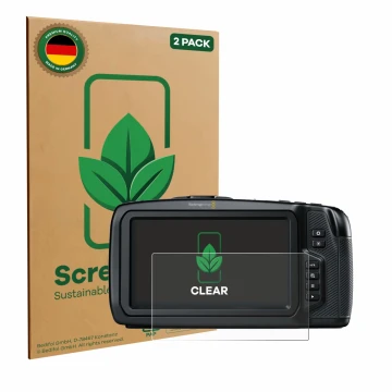 Vorderseite einer Produktverpackung mit dem Markenlogo ScreenLeaf. Daneben ist das Gerät Blackmagic Pocket Cinema Camera 4K mi
