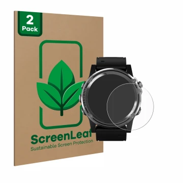 Vorderseite einer Produktverpackung mit dem Markenlogo ScreenLeaf. Daneben ist das Gerät Garmin Descent Mk1 mit dem zugehörige