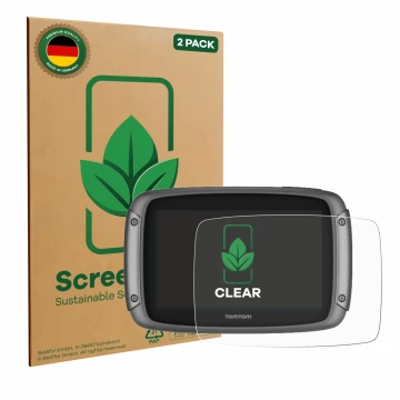 Vorderseite einer Produktverpackung mit dem Markenlogo ScreenLeaf. Daneben ist das Gerät TomTom Rider 500 mit dem zugehörigen 