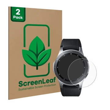 Vorderseite einer Produktverpackung mit dem Markenlogo ScreenLeaf. Daneben ist das Gerät Samsung Galaxy Watch (46 mm) mit dem 