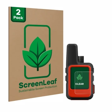Vorderseite einer Produktverpackung mit dem Markenlogo ScreenLeaf. Daneben ist das Gerät Garmin inReach Mini mit dem zugehörig