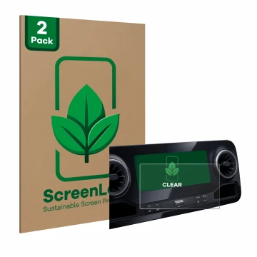 Vorderseite einer Produktverpackung mit dem Markenlogo ScreenLeaf. Daneben ist das Gerät Mercedes-Benz Sprinter 2018 MBUX 7