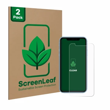 Vorderseite einer Produktverpackung mit dem Markenlogo ScreenLeaf. Daneben ist das Gerät Apple iPhone XR mit dem zugehörigen D