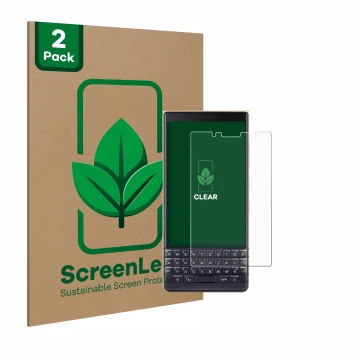 Vorderseite einer Produktverpackung mit dem Markenlogo ScreenLeaf. Daneben ist das Gerät BlackBerry Key2 LE mit dem zugehörige