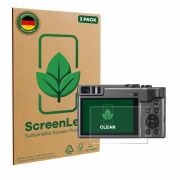 Vorderseite einer Produktverpackung mit dem Markenlogo ScreenLeaf. Daneben ist das Gerät Panasonic Lumix DC-TZ90 mit dem zugeh