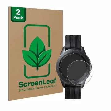 Vorderseite einer Produktverpackung mit dem Markenlogo ScreenLeaf. Daneben ist das Gerät Samsung Galaxy Watch (42 mm) mit dem 