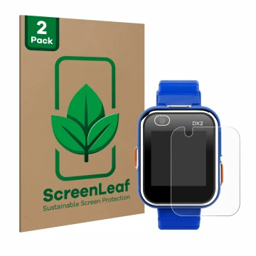 Vorderseite einer Produktverpackung mit dem Markenlogo ScreenLeaf. Daneben ist das Gerät Vtech Kidizoom Smart Watch DX2 mit de