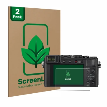 Vorderseite einer Produktverpackung mit dem Markenlogo ScreenLeaf. Daneben ist das Gerät Panasonic Lumix DC-LX100 II mit dem z