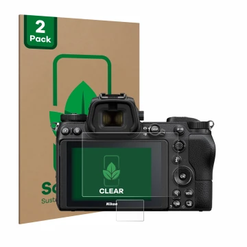Vorderseite einer Produktverpackung mit dem Markenlogo ScreenLeaf. Daneben ist das Gerät Nikon Z 6 mit dem zugehörigen Display