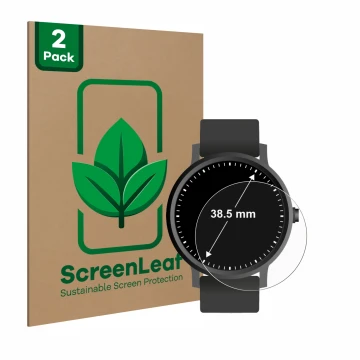 Vorderseite einer Produktverpackung mit dem Markenlogo ScreenLeaf. Daneben ist das Gerät Armbanduhren (Kreisrund, ø: 38.5 mm) 