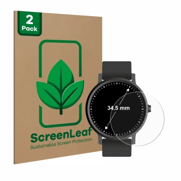 Vorderseite einer Produktverpackung mit dem Markenlogo ScreenLeaf. Daneben ist das Gerät Armbanduhren (Kreisrund, ø: 34.5 mm) 