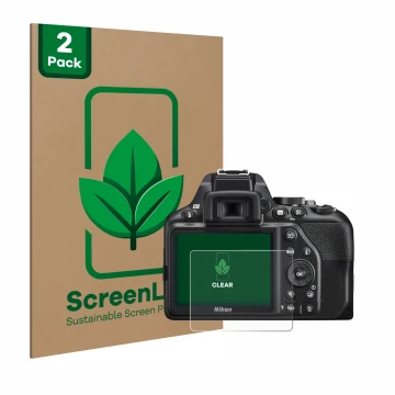 Vorderseite einer Produktverpackung mit dem Markenlogo ScreenLeaf. Daneben ist das Gerät Nikon D3500 mit dem zugehörigen Displ