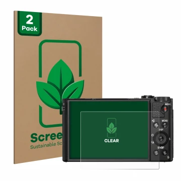 Vorderseite einer Produktverpackung mit dem Markenlogo ScreenLeaf. Daneben ist das Gerät Sony Cyber-Shot DSC-HX99 mit dem zuge