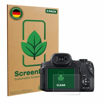 Vorderseite einer Produktverpackung mit dem Markenlogo ScreenLeaf. Daneben ist das Gerät Canon PowerShot SX70 HS mit dem zugeh