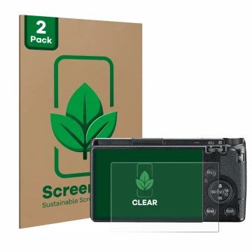 Vorderseite einer Produktverpackung mit dem Markenlogo ScreenLeaf. Daneben ist das Gerät Ricoh GR III 2019 R02010 mit dem zuge