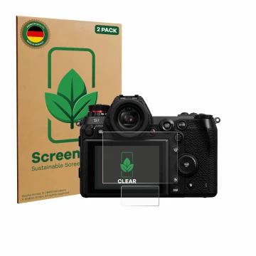 Vorderseite einer Produktverpackung mit dem Markenlogo ScreenLeaf. Daneben ist das Gerät Panasonic Lumix DC-S1 mit dem zugehör