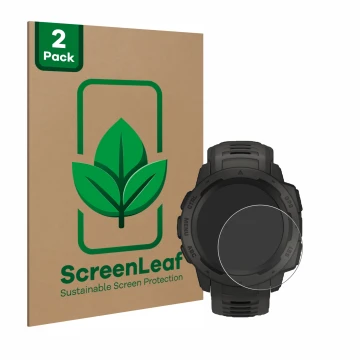 Vorderseite einer Produktverpackung mit dem Markenlogo ScreenLeaf. Daneben ist das Gerät Garmin Instinct mit dem zugehörigen D