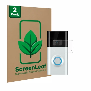 Vorderseite einer Produktverpackung mit dem Markenlogo ScreenLeaf. Daneben ist das Gerät Ring Doorbell 2 (Linse) mit dem zugeh